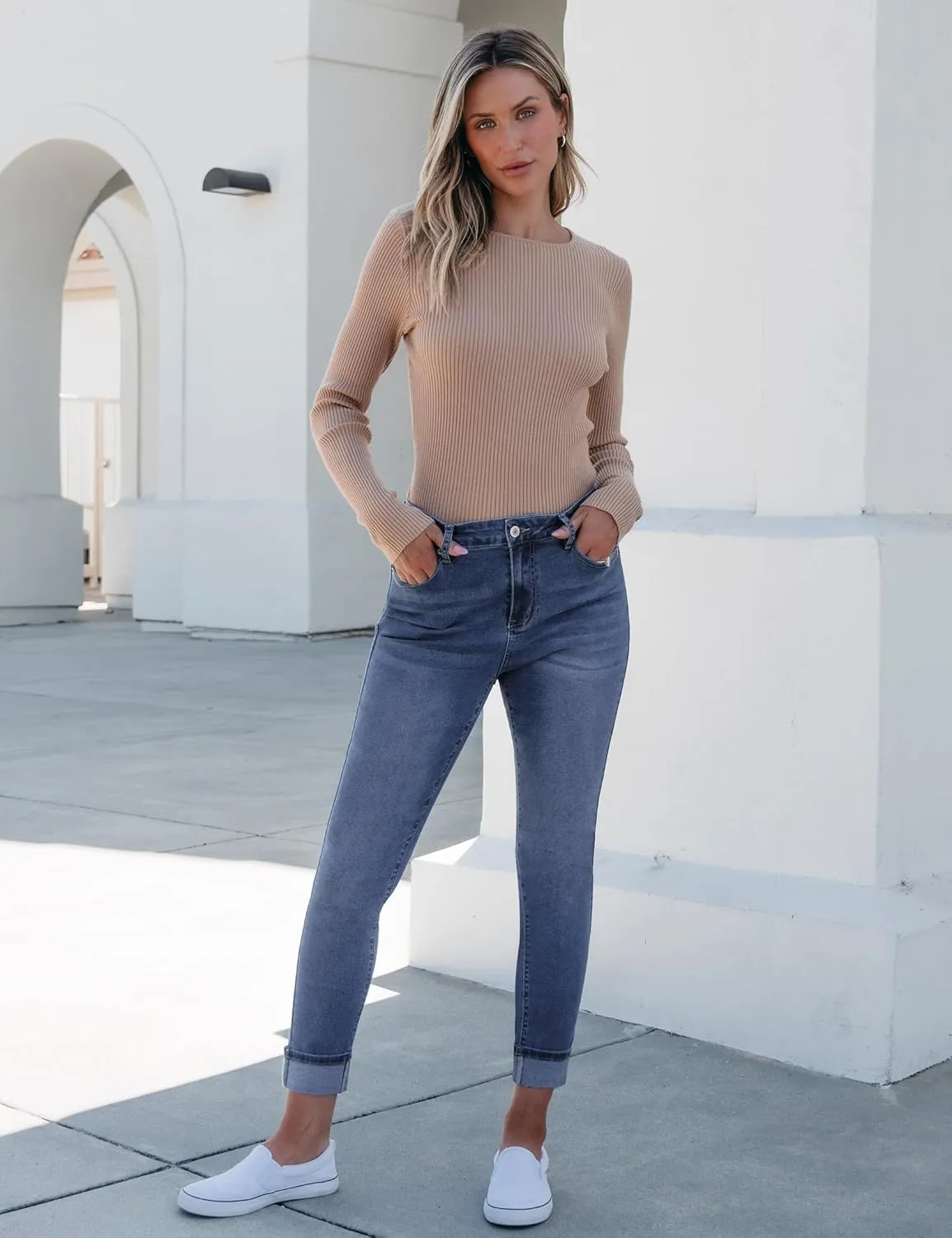 luvamia Skinny Jeans for Women Trendy High Waisted Fold Hem Slim Fit Stretchy Denim Pants Jeggings Jeans with Pockets