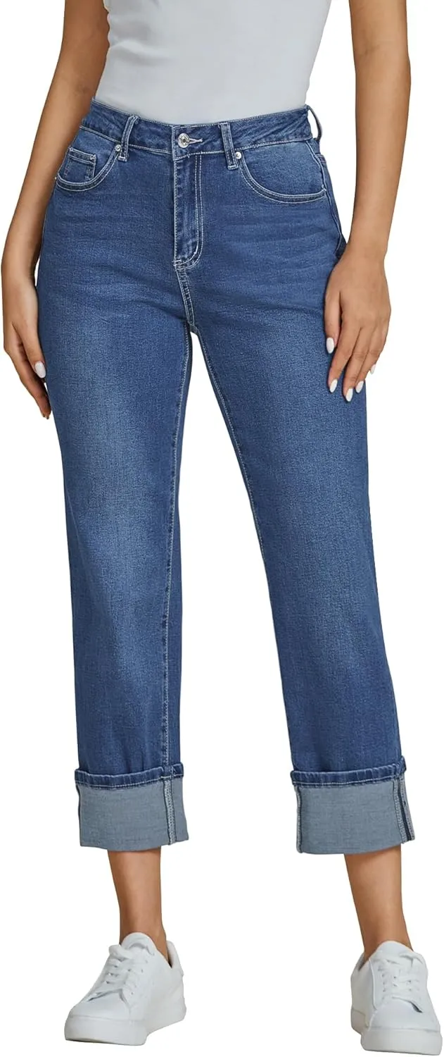 luvamia Straight Leg Jeans for Women Trendy Cropped High Waisted Cuffed Hem Stretchy Boyfriend Capri Jeans with Pockets