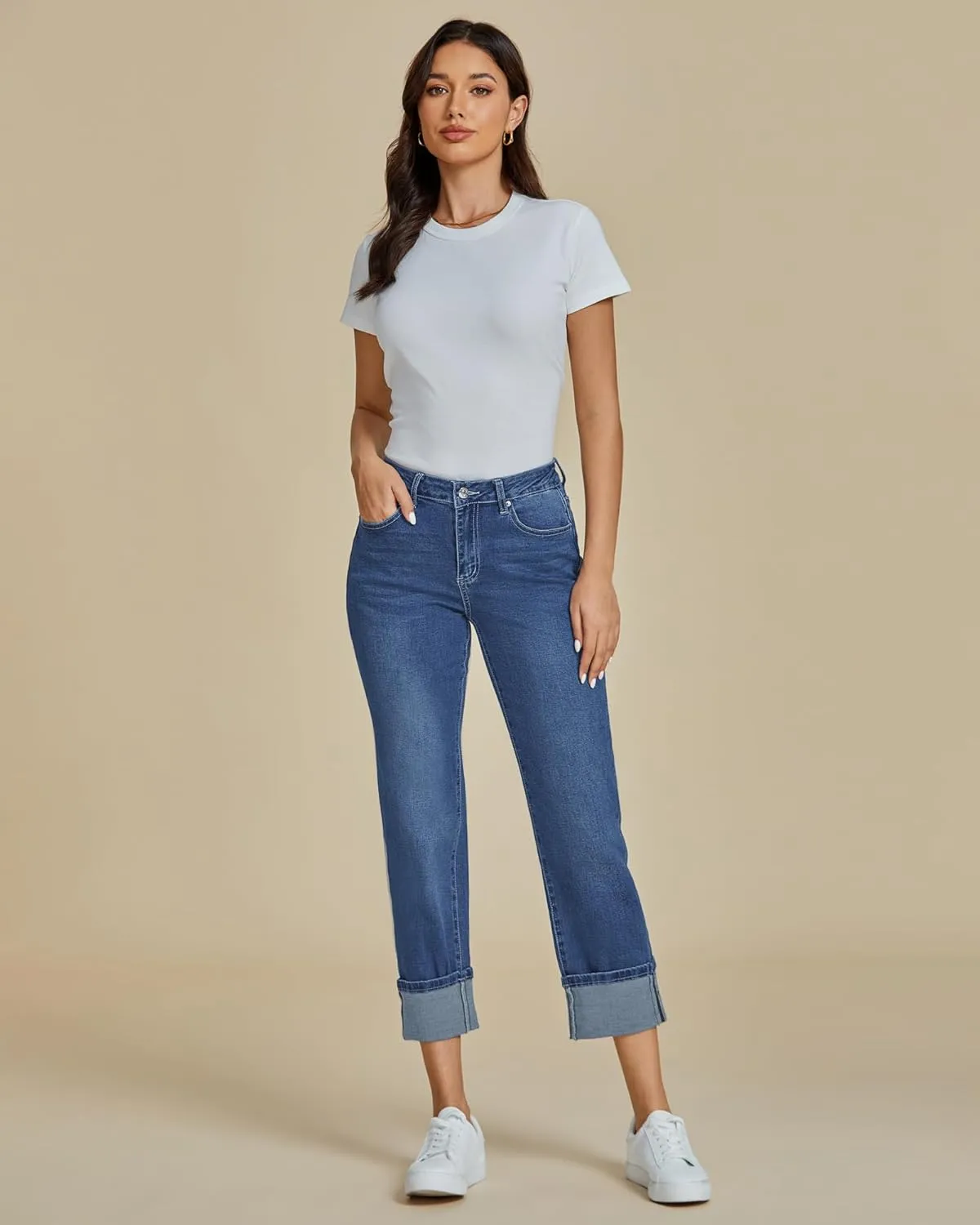 luvamia Straight Leg Jeans for Women Trendy Cropped High Waisted Cuffed Hem Stretchy Boyfriend Capri Jeans with Pockets