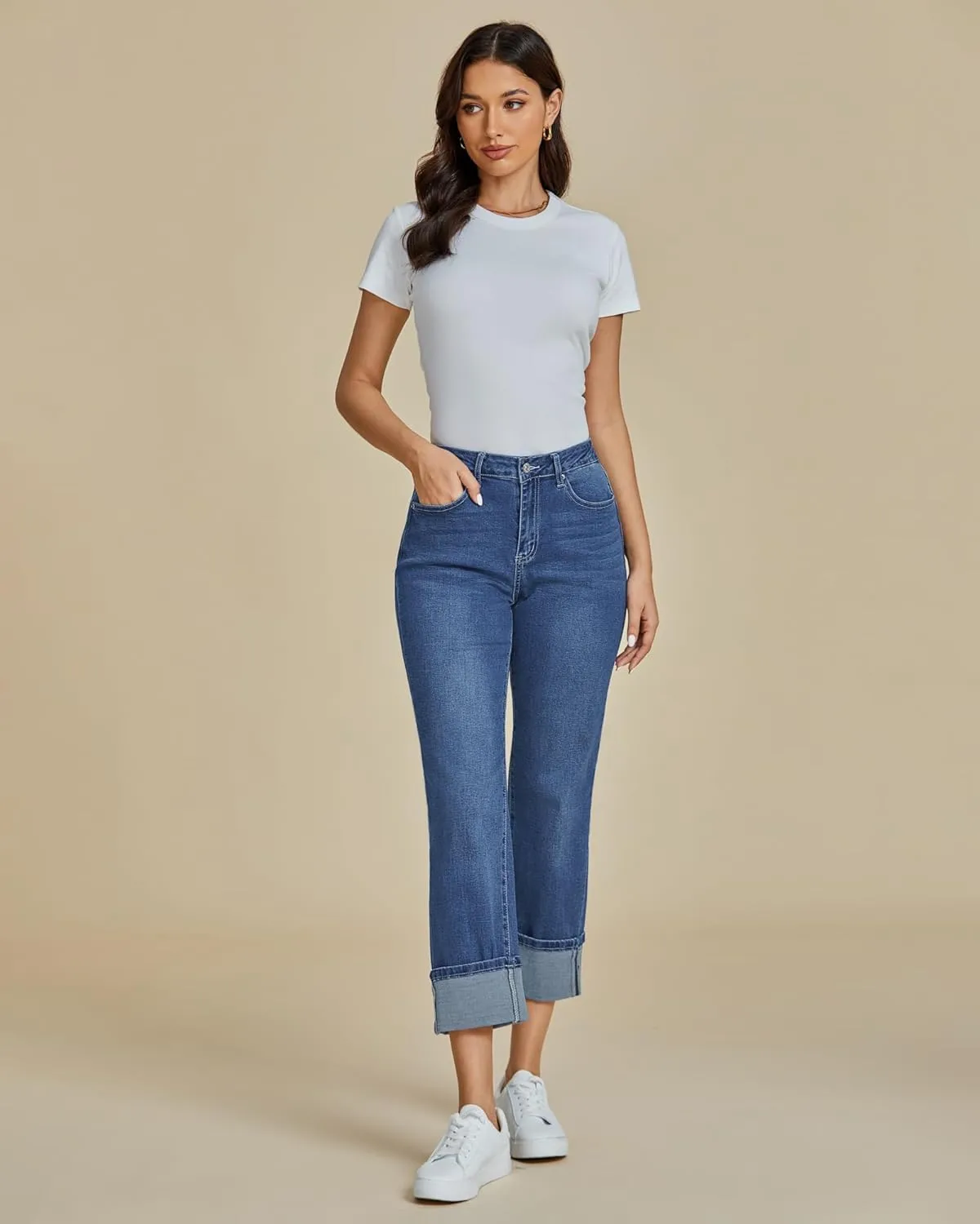 luvamia Straight Leg Jeans for Women Trendy Cropped High Waisted Cuffed Hem Stretchy Boyfriend Capri Jeans with Pockets