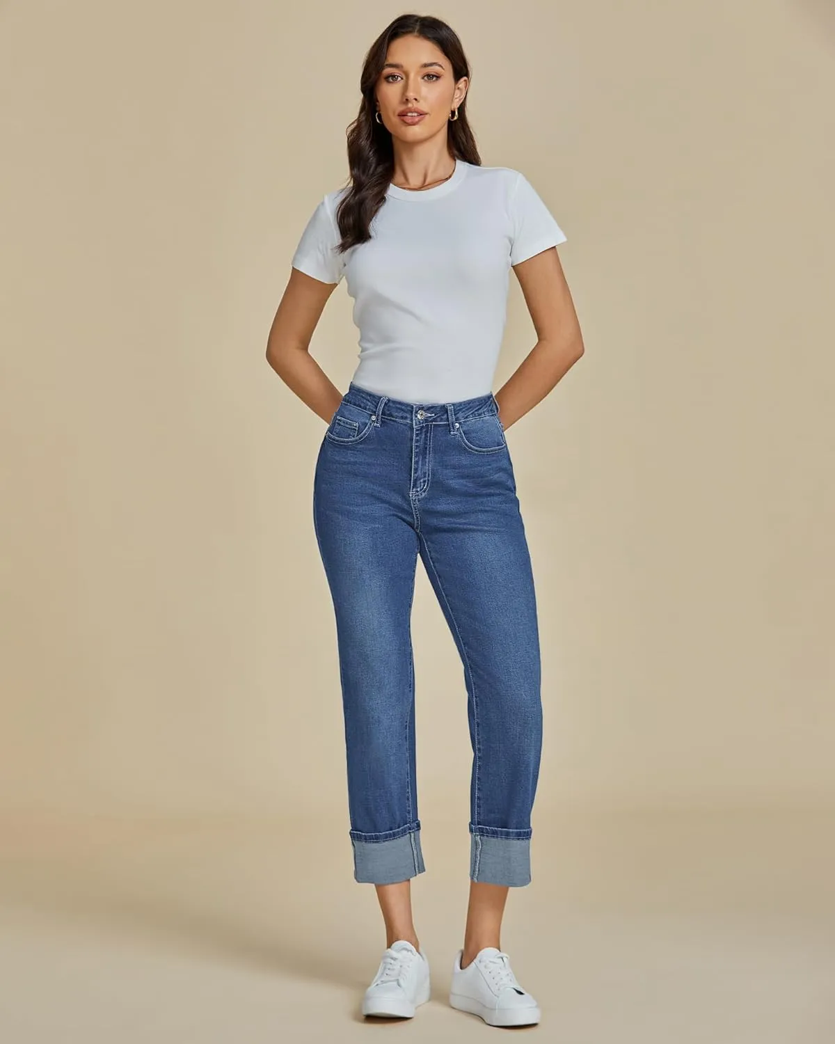 luvamia Straight Leg Jeans for Women Trendy Cropped High Waisted Cuffed Hem Stretchy Boyfriend Capri Jeans with Pockets