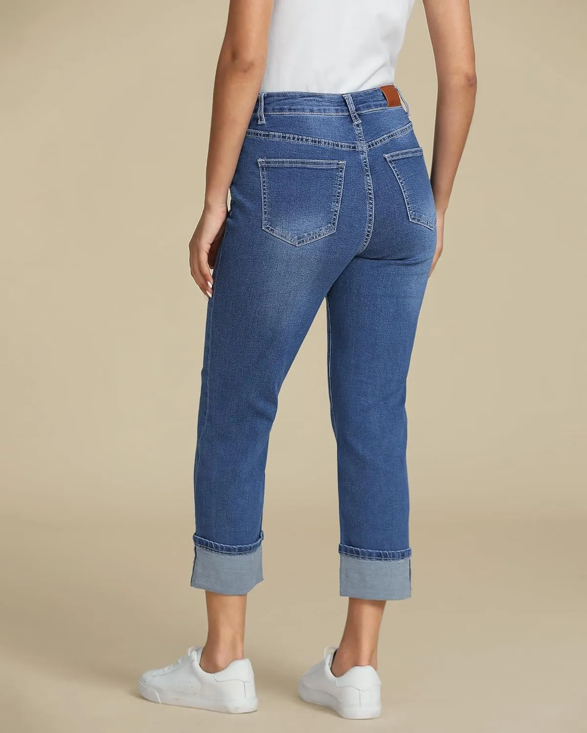 luvamia Straight Leg Jeans for Women Trendy Cropped High Waisted Cuffed Hem Stretchy Boyfriend Capri Jeans with Pockets