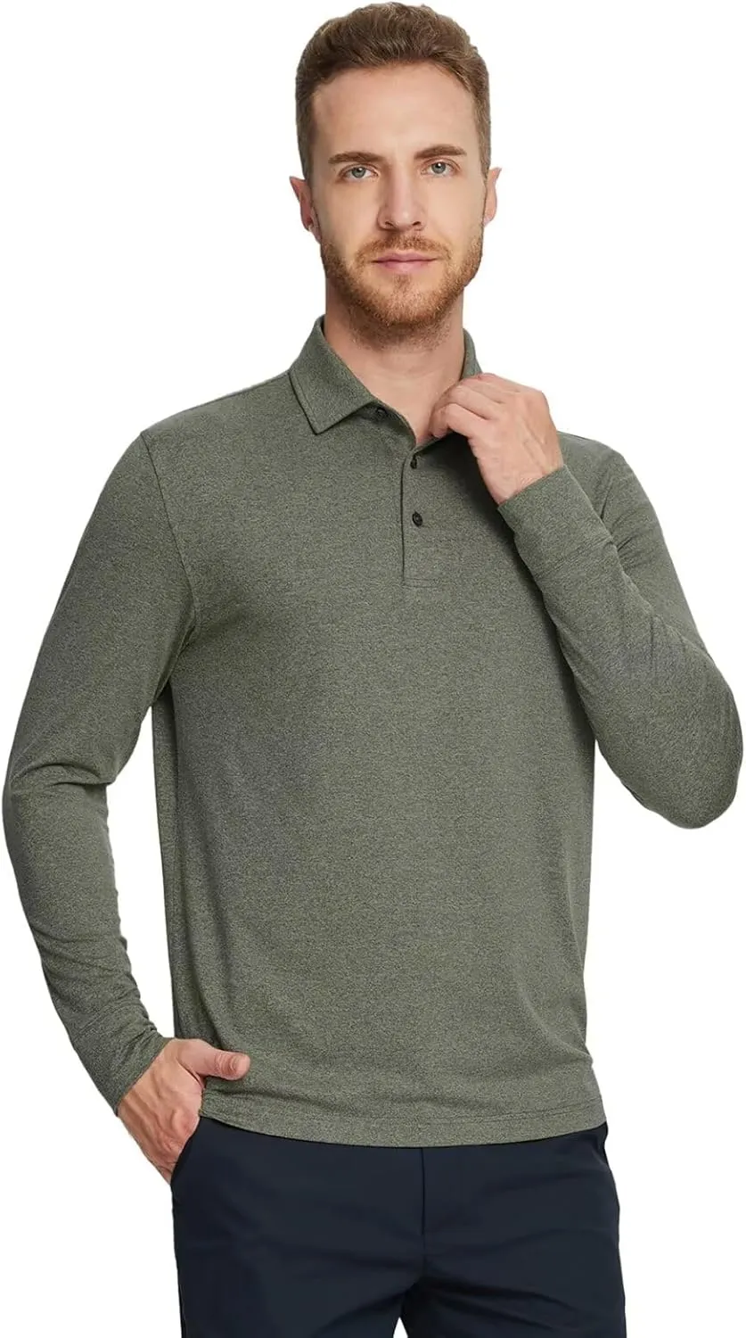 M MAELREG Golf Shirts for Men Dry Fit Performance Moisture Wicking Casual Heather Collared Long Sleeve Polo Shirts for Men