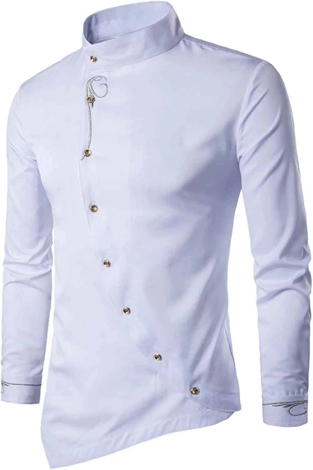 Maiyifu-GJ Men's Irregular Hem Slim Fit Shirt Long Sleeve Button Down Muscle Shirts Casual Retro Banded Collar Dress Shirt