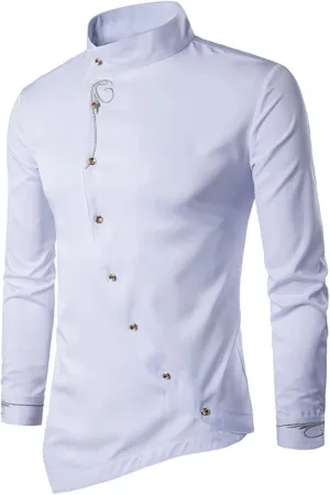Maiyifu-GJ Men's Irregular Hem Slim Fit Shirt Long Sleeve Button Down Muscle Shirts Casual Retro Banded Collar Dress Shirt