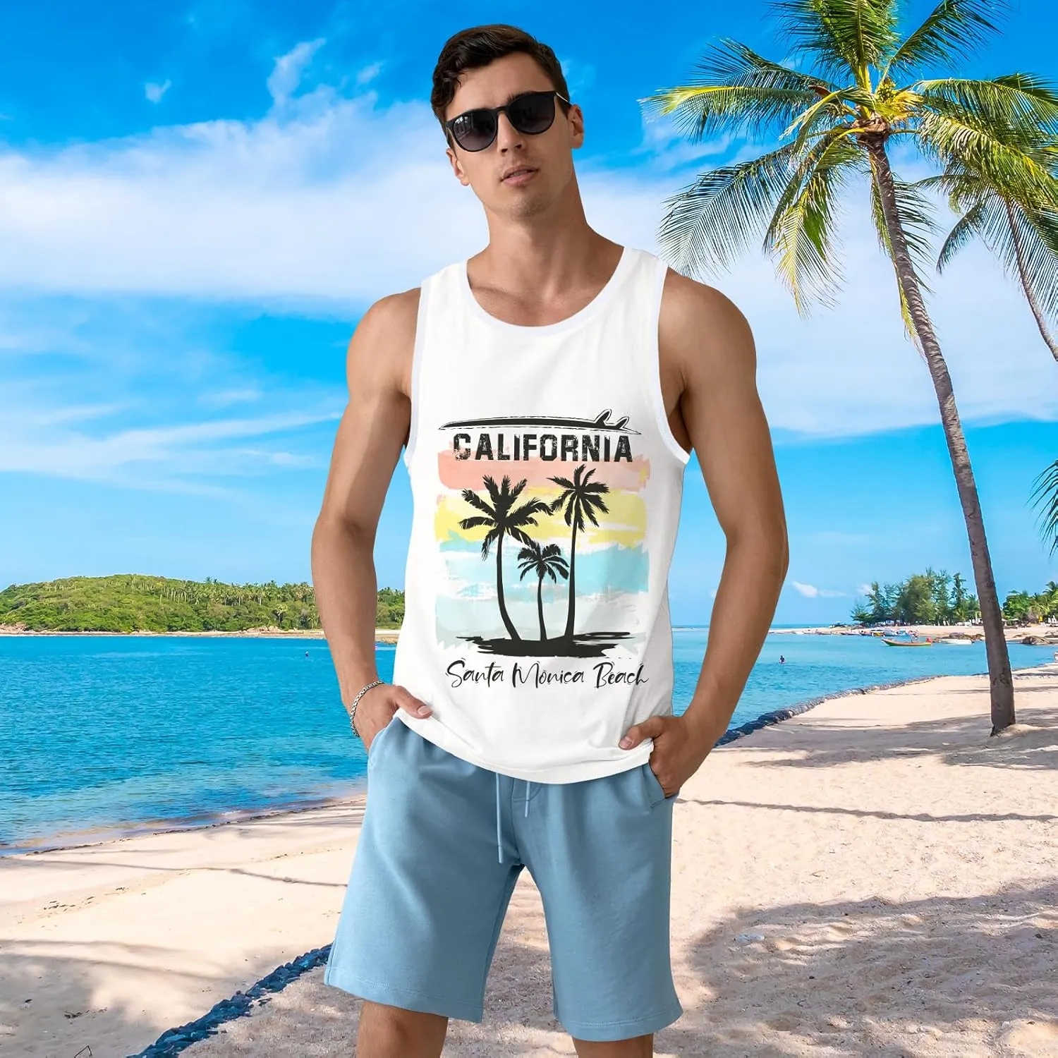 Mens Beach Tank Tops Sleeveless Shirts for Men Summer Hawaiian Graphic Mens Tank Top Workout Gym Shirts Palm Tree Tops