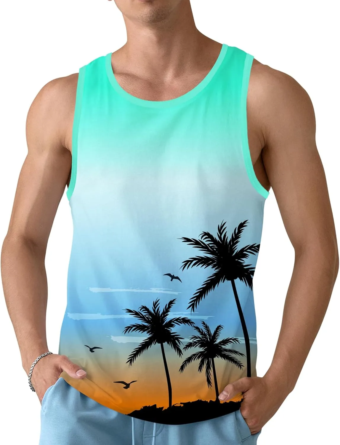 Mens Beach Tank Tops Sleeveless Shirts for Men Summer Hawaiian Graphic Mens Tank Top Workout Gym Shirts Palm Tree Tops