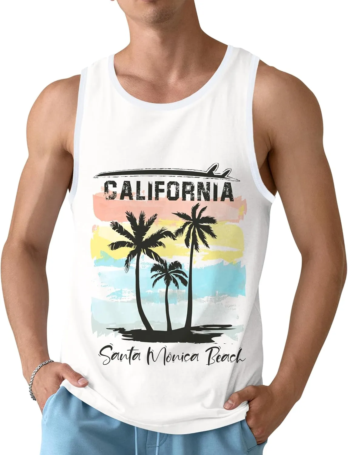 Mens Beach Tank Tops Sleeveless Shirts for Men Summer Hawaiian Graphic Mens Tank Top Workout Gym Shirts Palm Tree Tops