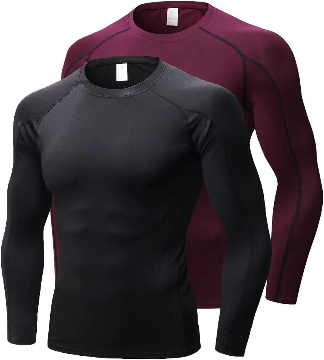 Men's Compression Shirts Long Sleeve Workout Baselayer Quick Dry Athletic T Shirts Sport Running Tops 1/2 Pack
