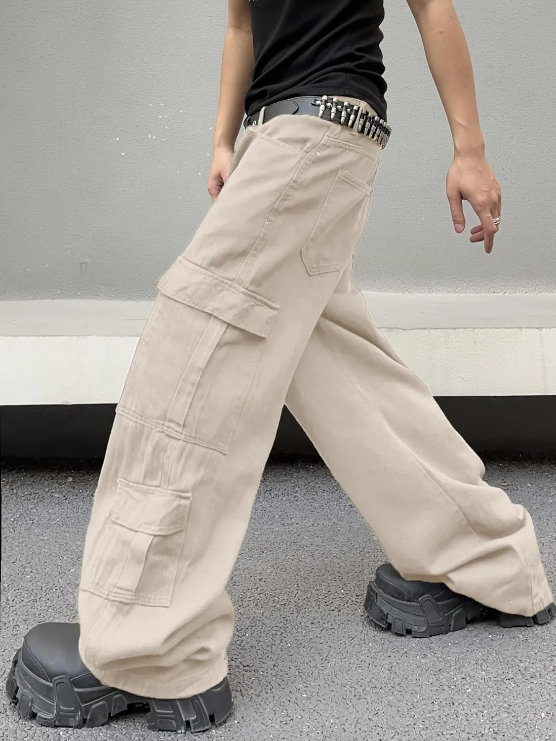 Mens Denim Baggy Pants with Cargo Pockets Mid Weight Casual Streetwear Wide Leg Jeans Hip Hop Skater Trousers