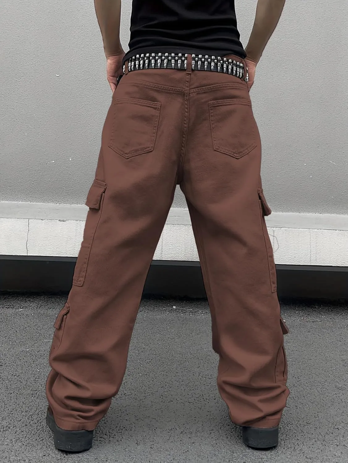 Mens Denim Baggy Pants with Cargo Pockets Mid Weight Casual Streetwear Wide Leg Jeans Hip Hop Skater Trousers