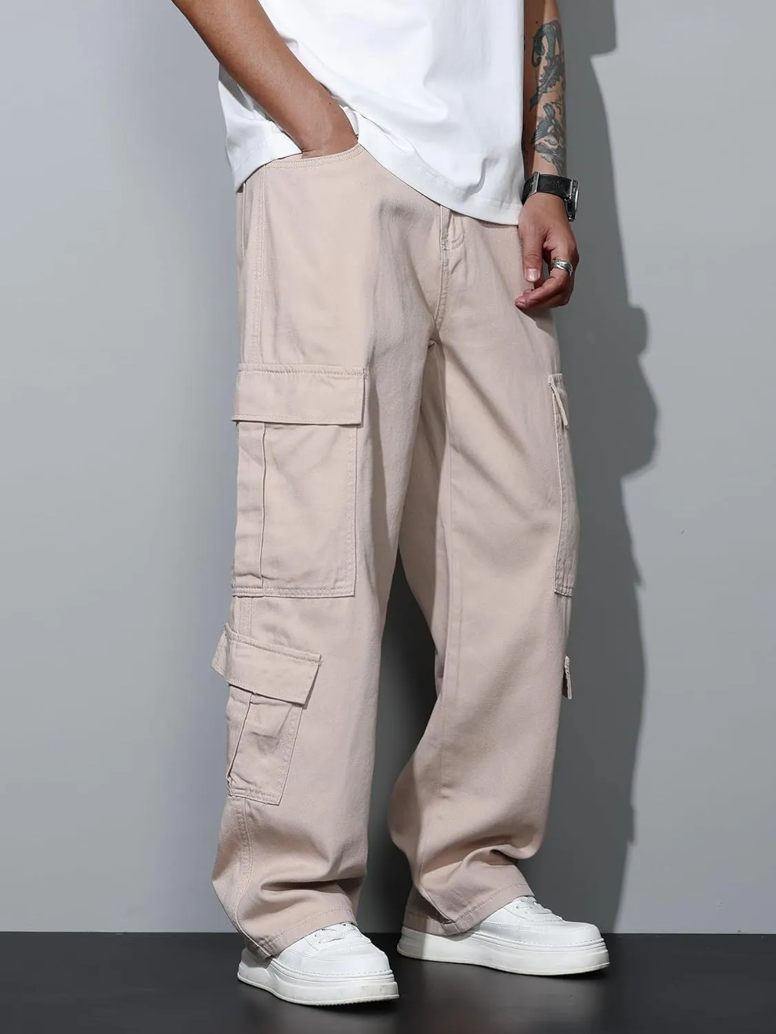 Mens Denim Baggy Pants with Cargo Pockets Mid Weight Casual Streetwear Wide Leg Jeans Hip Hop Skater Trousers