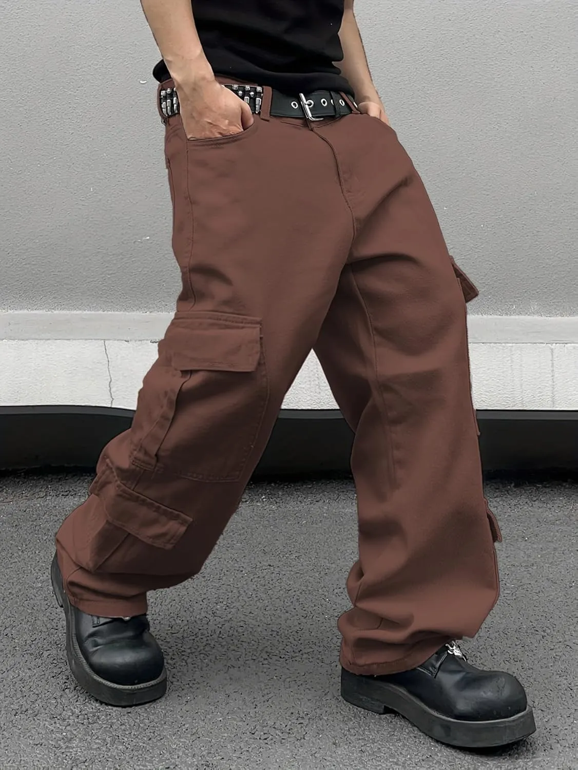 Mens Denim Baggy Pants with Cargo Pockets Mid Weight Casual Streetwear Wide Leg Jeans Hip Hop Skater Trousers