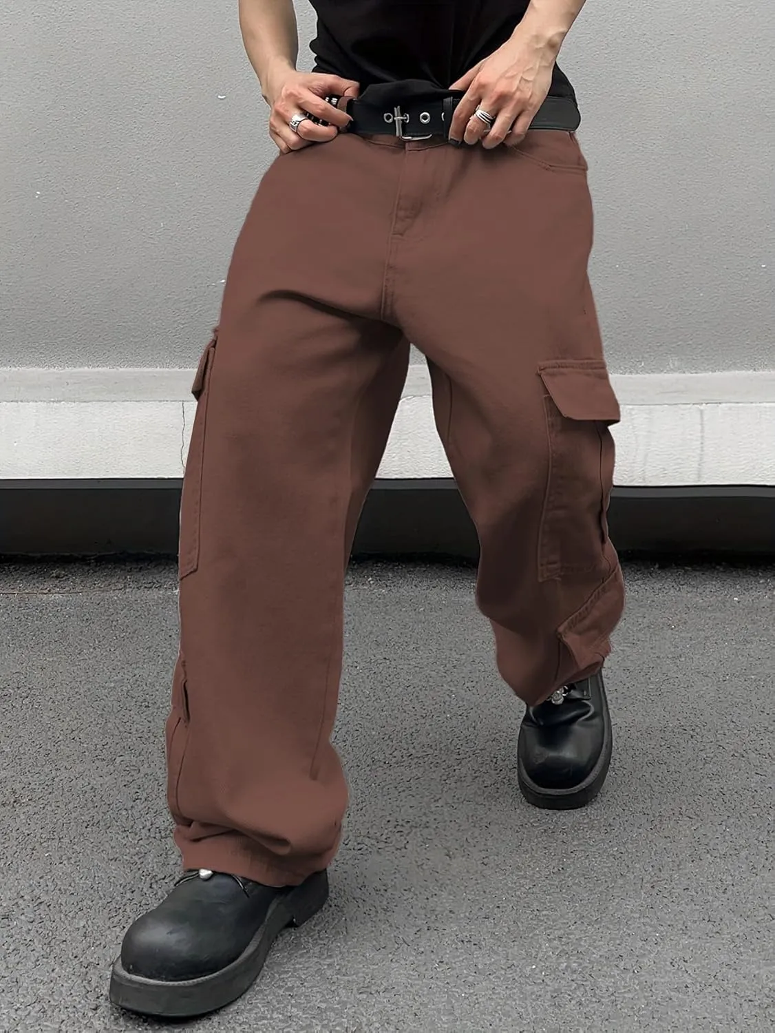 Mens Denim Baggy Pants with Cargo Pockets Mid Weight Casual Streetwear Wide Leg Jeans Hip Hop Skater Trousers