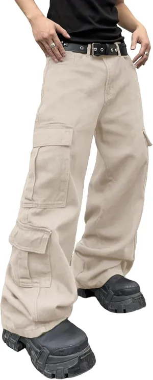 Mens Denim Baggy Pants with Cargo Pockets Mid Weight Casual Streetwear Wide Leg Jeans Hip Hop Skater Trousers