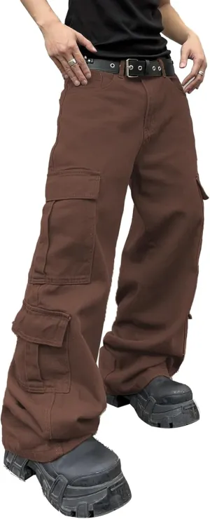 Mens Denim Baggy Pants with Cargo Pockets Mid Weight Casual Streetwear Wide Leg Jeans Hip Hop Skater Trousers
