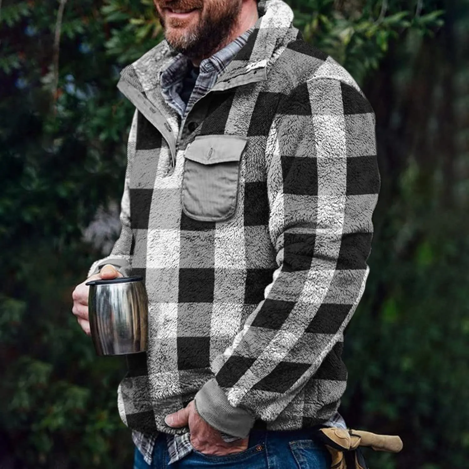 Men's Flannel Shirt Stripe Print Hooded Zipper Pocket Long Sleeve Shirt Patchwork Men's Plaid Hoodie Flannel Jacket