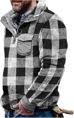 Men's Flannel Shirt Stripe Print Hooded Zipper Pocket Long Sleeve Shirt Patchwork Men's Plaid Hoodie Flannel Jacket