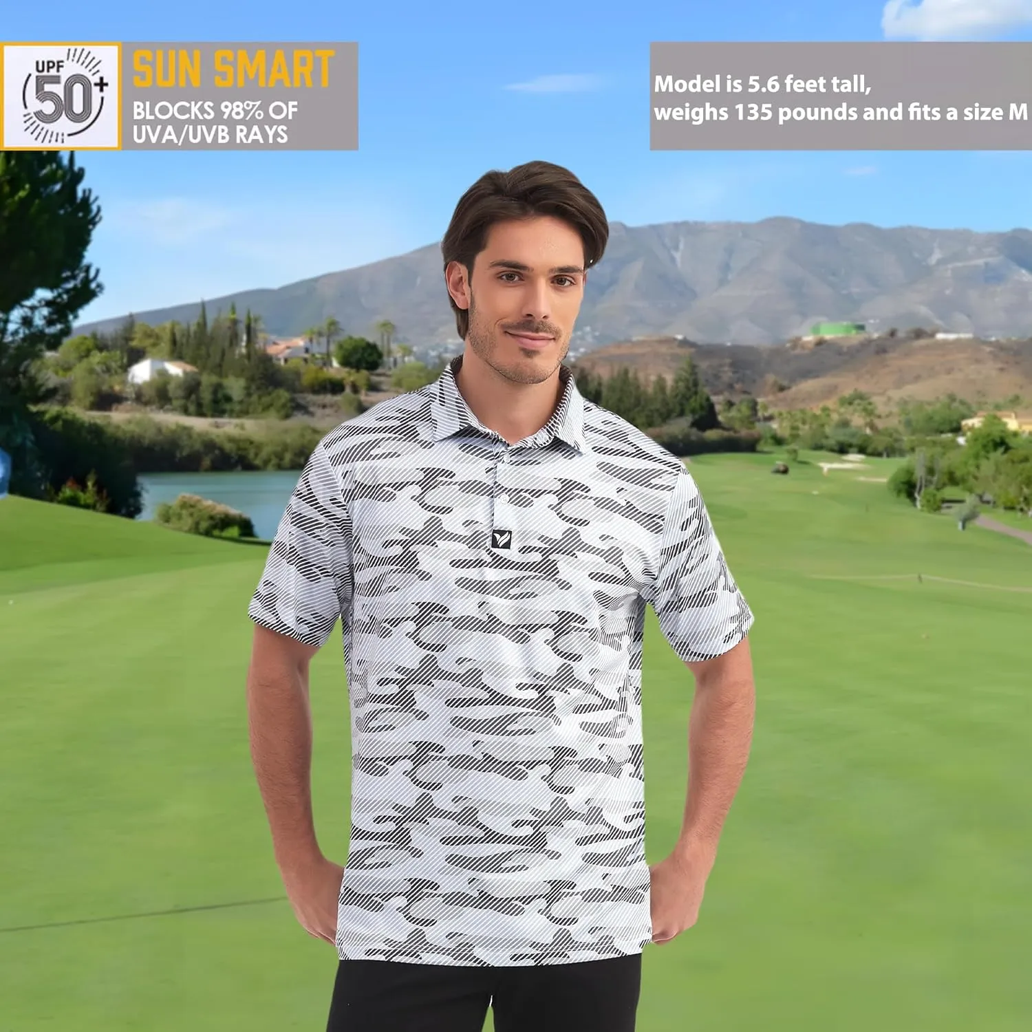 Mens Golf Polo Shirts Short Sleeve Dry Fit Performance Moisture Wicking Casual Print Collared Golf Shirts for Men