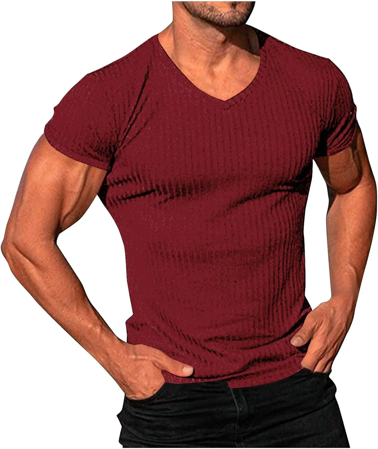 Mens Knit T Shirts Slim Fit Casual V Neck Short Sleeve Men Fashion Ribbed Knit Vintage Sweater Tee Pullover Shirts