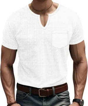Men's Linen Henley Shirts Casual Short Sleeve V Neck Blouses Tops 2025 Summer Beach Hippie Shirts with Pocket