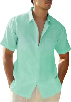 Mens Linen Shirts Gradient Short Sleeve Casual Shirts Button Down Shirt Beach Summer Wedding Vacation Shirt for Men
