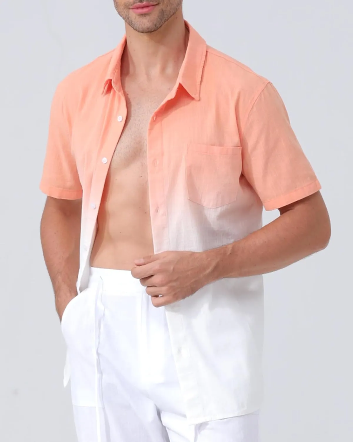 Mens Linen Shirts Gradient Short Sleeve Casual Shirts Button Down Shirt Beach Summer Wedding Vacation Shirt for Men