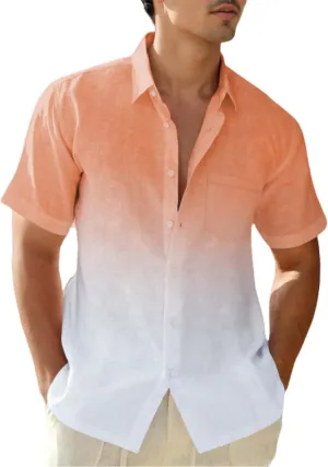 Mens Linen Shirts Gradient Short Sleeve Casual Shirts Button Down Shirt Beach Summer Wedding Vacation Shirt for Men