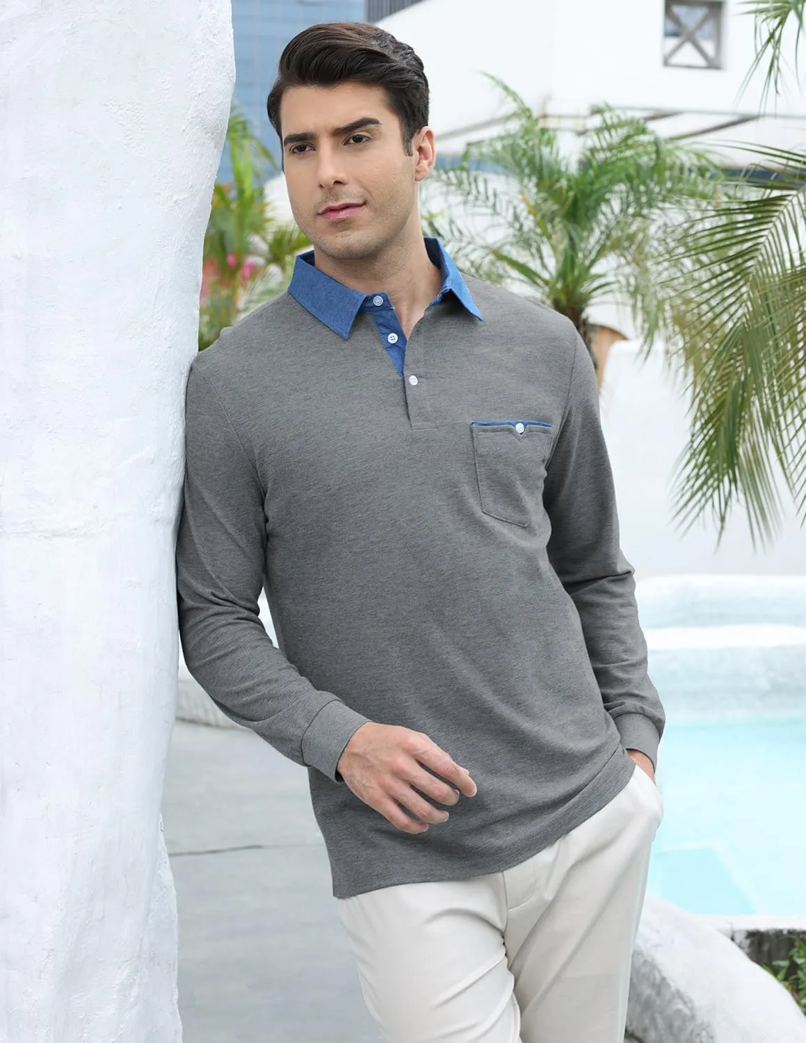 Mens Long Sleeve Polo Shirt Basic Slim Fit Long Sleeve Polo Men's Cotton Polo Shirts with Pocket Golf Shirts Men