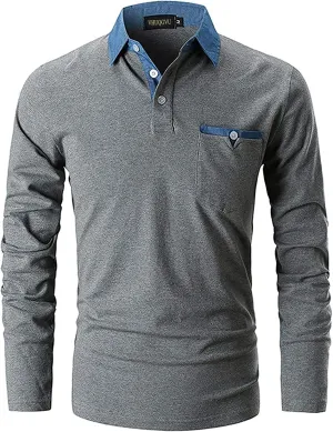 Mens Long Sleeve Polo Shirt Basic Slim Fit Long Sleeve Polo Men's Cotton Polo Shirts with Pocket Golf Shirts Men