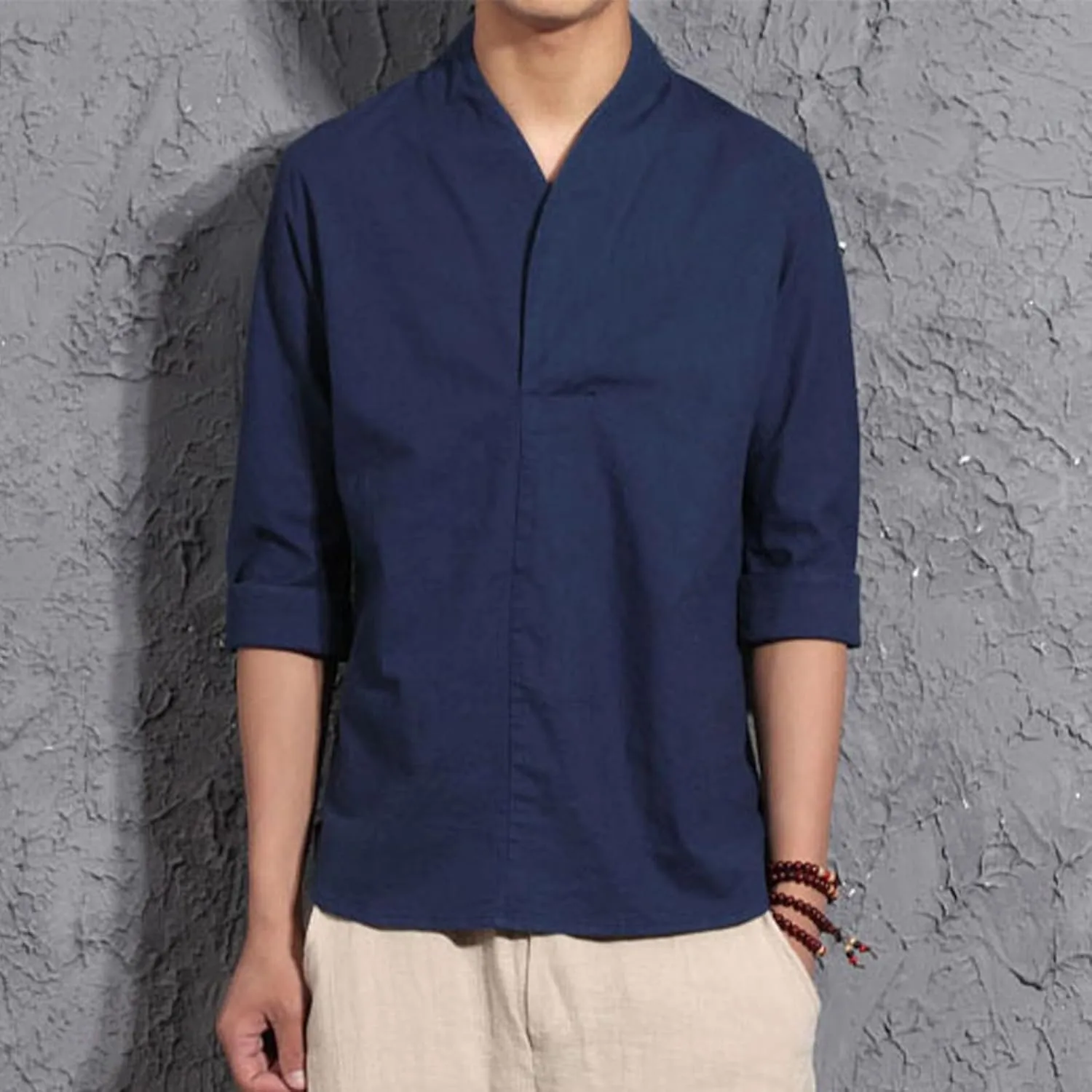 Men's Monk Buddhist Outfit T-Shirt V-Neck Plain Cotton Linen 3/4 Sleeve Shirts Big and Tall Beach Yoga Hipster Tops