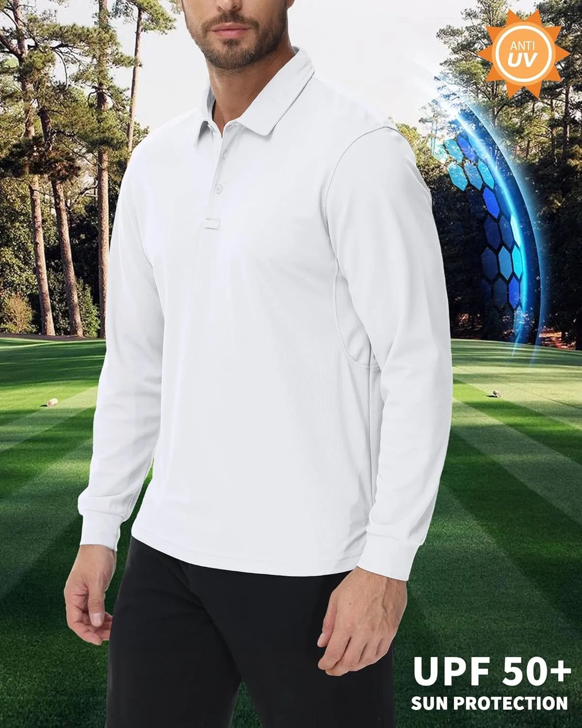 Men's Polo Shirt Quick Dry Button Golf Shirts UPF 50  Sun Protection Polos Long Sleeve Casual Collar T Shirts