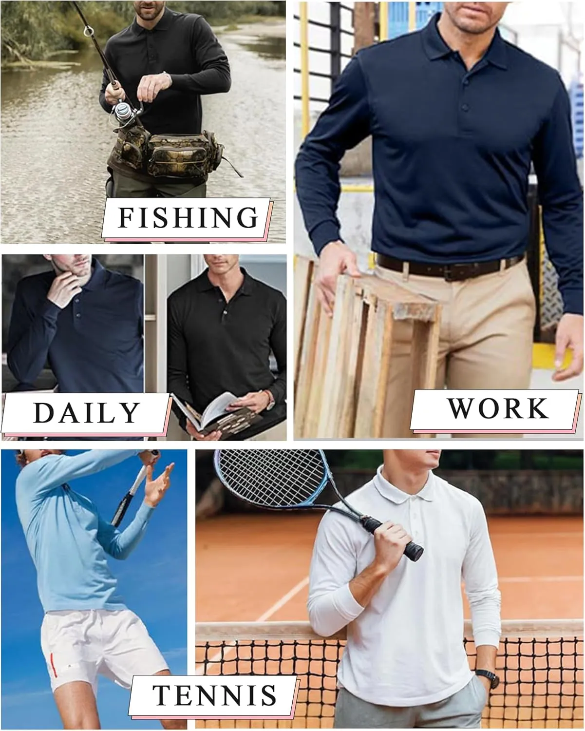 Men's Polo Shirt Quick Dry Button Golf Shirts UPF 50  Sun Protection Polos Long Sleeve Casual Collar T Shirts