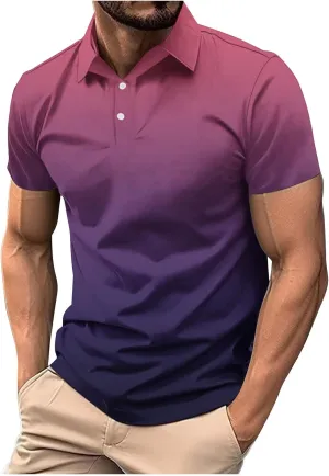 Mens Polo Shirts Short Sleeve Gradient Color Gym Workout Golf T-Shirt Casual Fashion V Neck Button Down Tops 2025