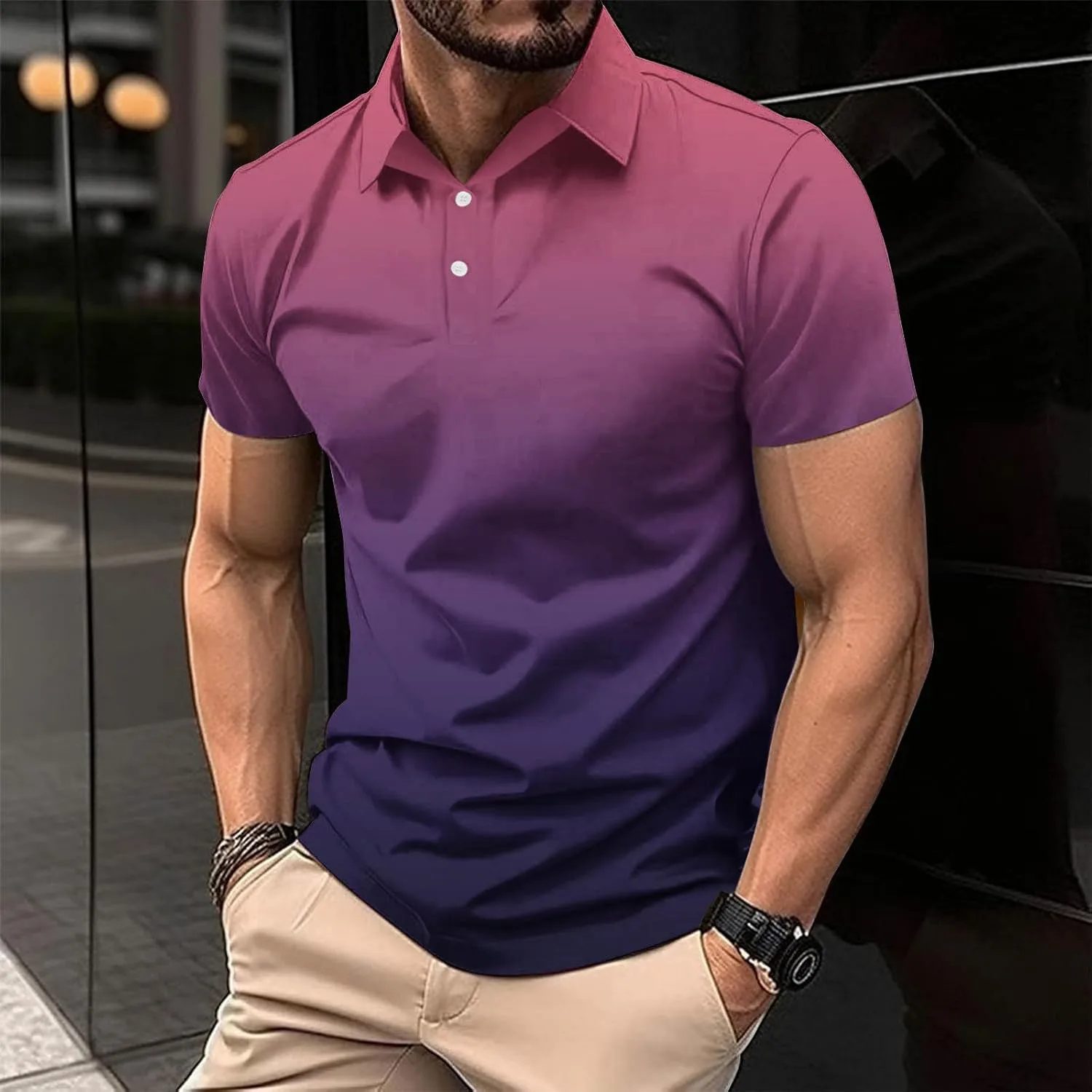Mens Polo Shirts Short Sleeve Gradient Color Gym Workout Golf T-Shirt Casual Fashion V Neck Button Down Tops 2025