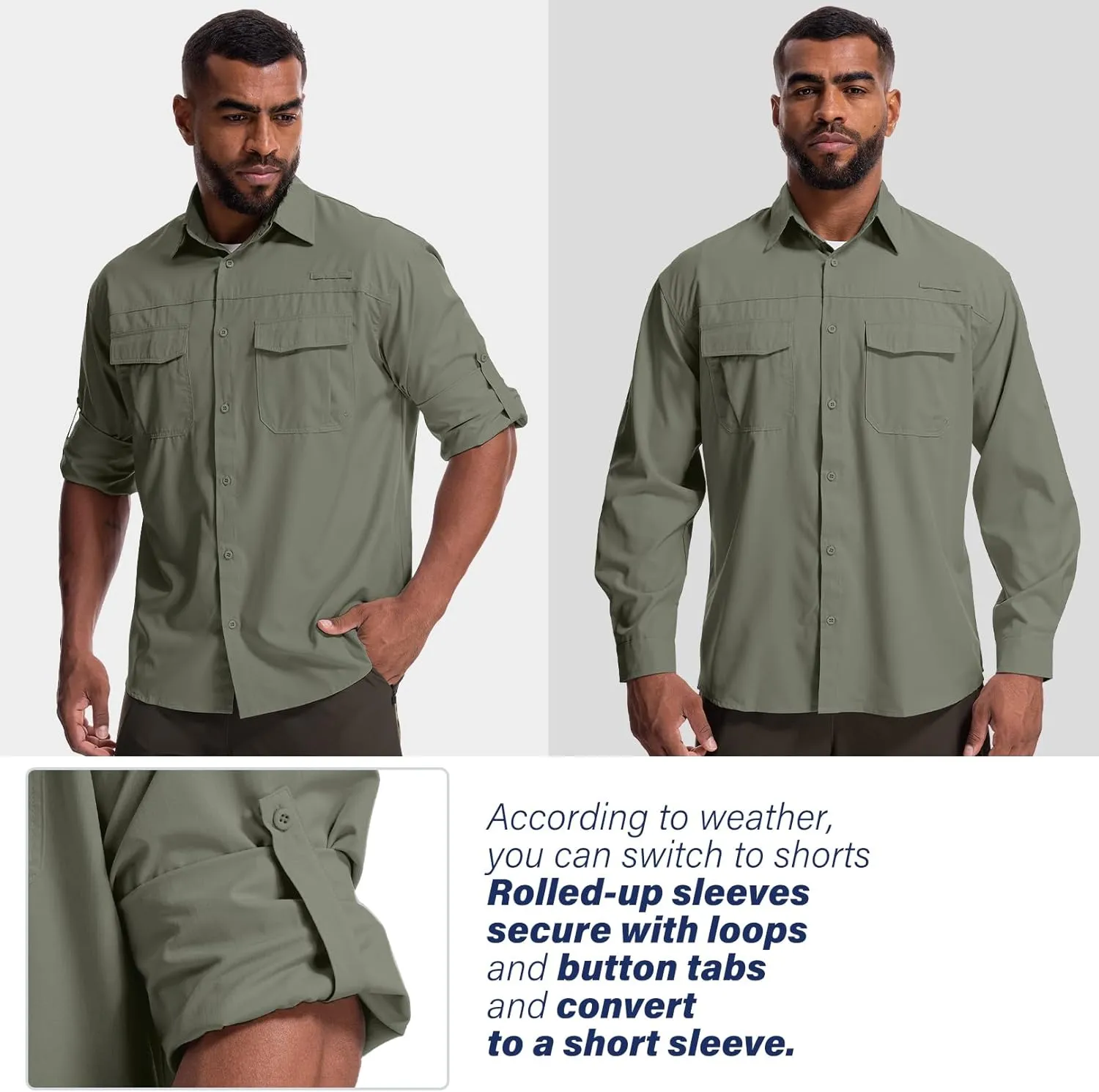 Mens Safari Sun Shirts UPF 50  UV Sun Protection Long Sleeve Outdoor Quick Dry Fishing Hiking Gardening Shirts