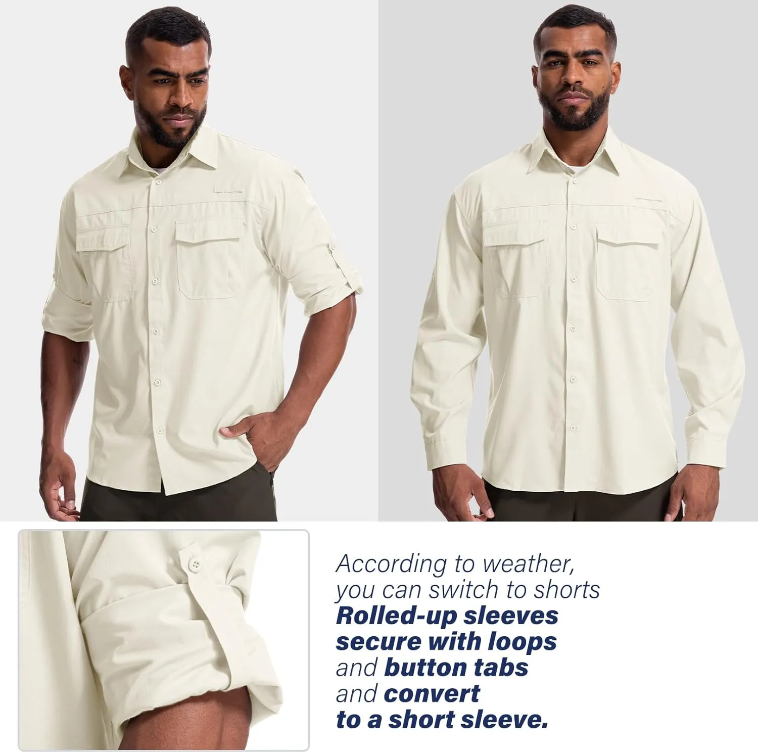Mens Safari Sun Shirts UPF 50  UV Sun Protection Long Sleeve Outdoor Quick Dry Fishing Hiking Gardening Shirts