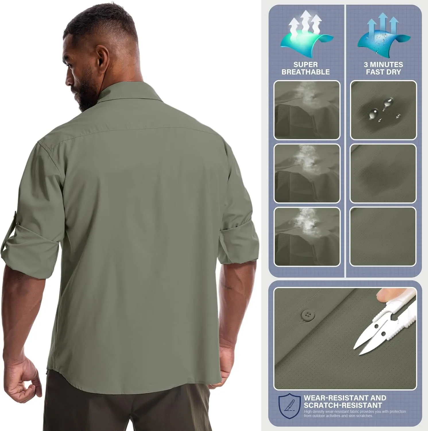 Mens Safari Sun Shirts UPF 50  UV Sun Protection Long Sleeve Outdoor Quick Dry Fishing Hiking Gardening Shirts