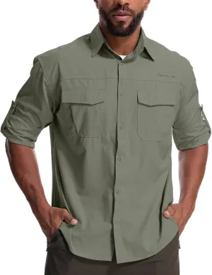 Mens Safari Sun Shirts UPF 50  UV Sun Protection Long Sleeve Outdoor Quick Dry Fishing Hiking Gardening Shirts