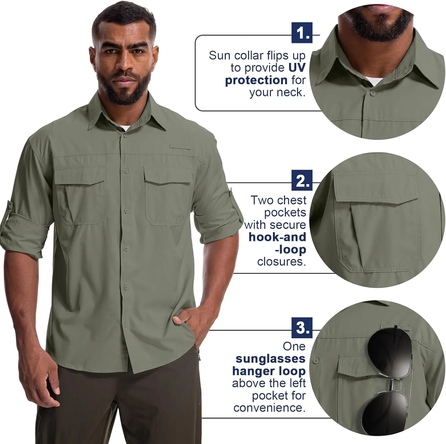 Mens Safari Sun Shirts UPF 50  UV Sun Protection Long Sleeve Outdoor Quick Dry Fishing Hiking Gardening Shirts