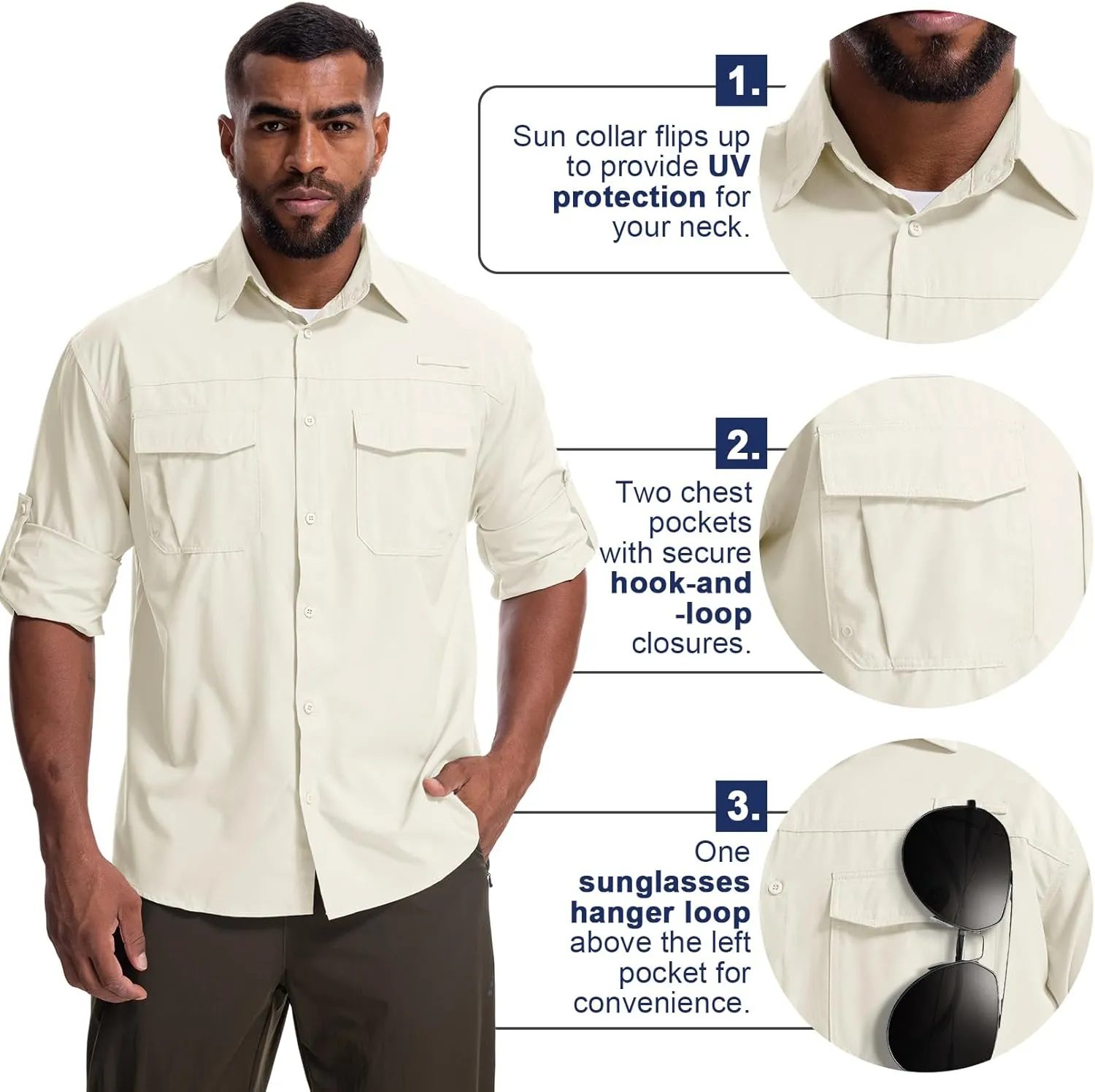 Mens Safari Sun Shirts UPF 50  UV Sun Protection Long Sleeve Outdoor Quick Dry Fishing Hiking Gardening Shirts