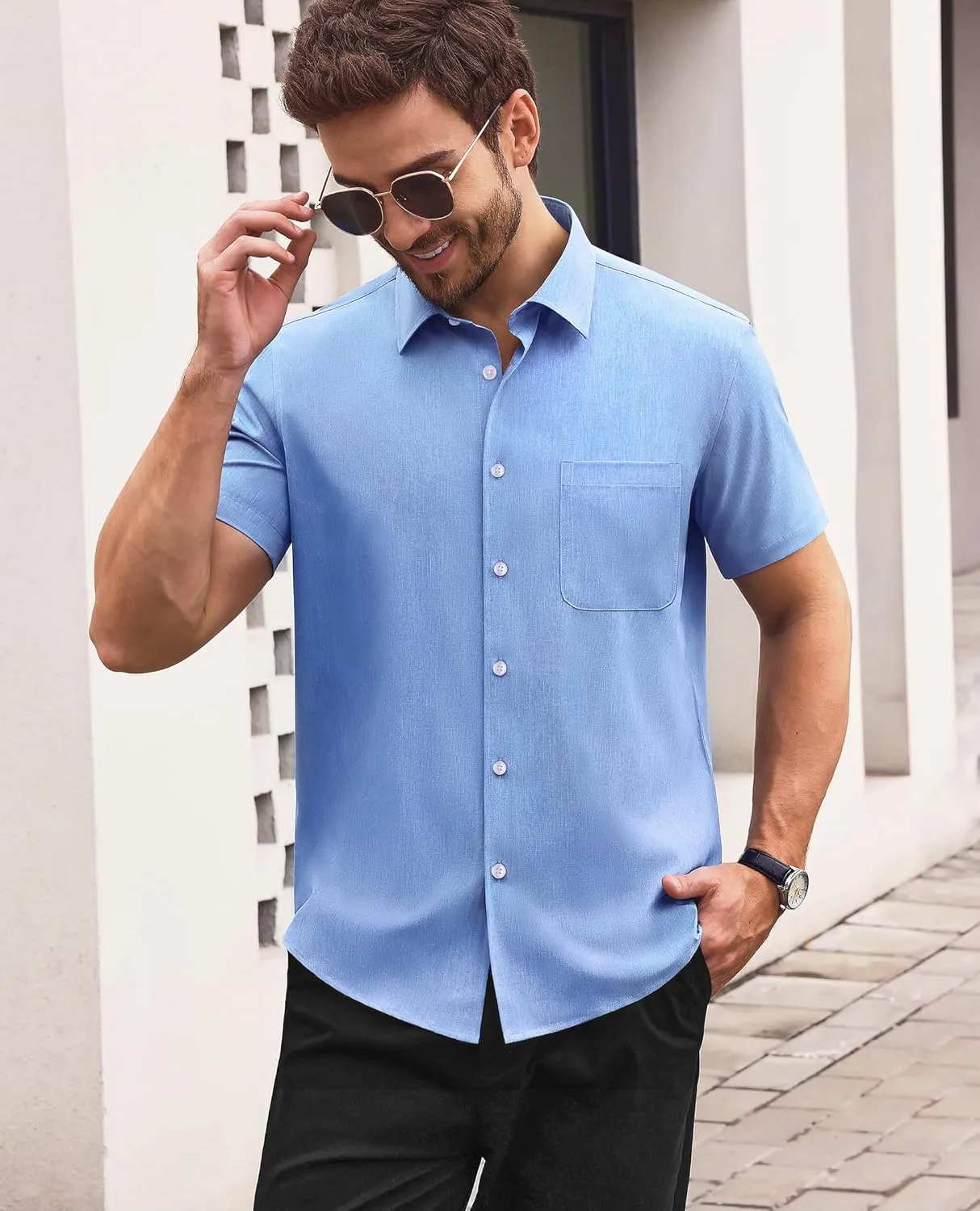Mens Short Sleeve Button Down Shirts Casual Linen Shirts Button Up Wrinkle Free Beach Summer Vacation Wedding Tops
