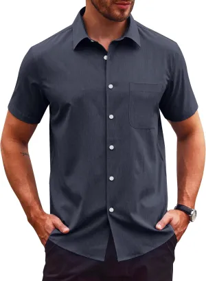 Mens Short Sleeve Button Down Shirts Casual Linen Shirts Button Up Wrinkle Free Beach Summer Vacation Wedding Tops
