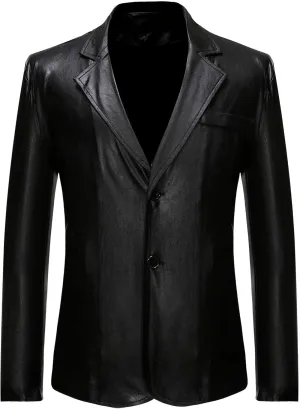 Mens Slim Fit Blazer Jacket PU Leather Formal Dress Suit Two-Button Notched Lapel Casual Suit Jacket Party Clubwear