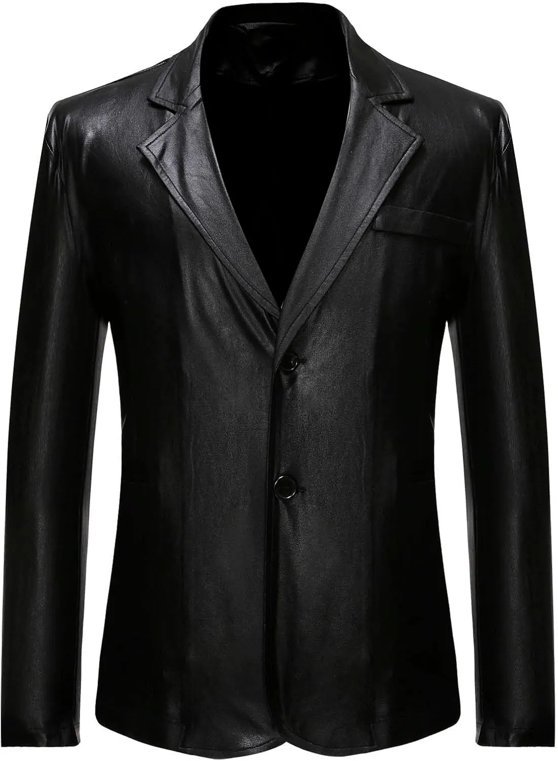 Mens Slim Fit Blazer Jacket PU Leather Formal Dress Suit Two-Button Notched Lapel Casual Suit Jacket Party Clubwear