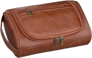 Men's Small Flat Travel Toiletry Bag - Water-Resistant PU Leather Toiletries Bag, Compact Dopp Kit for Shaving And Grooming Essentials, Lightweight Durable Design in Brown