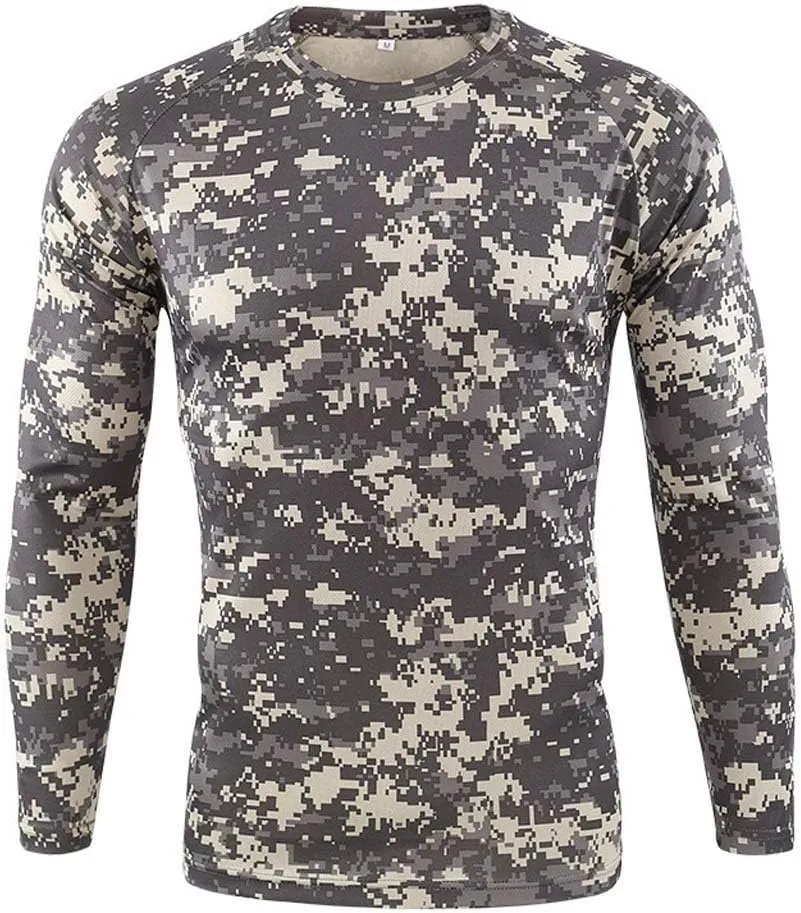 Mens Vintage Camo Shirts Casual Long Sleeve Military Camouflage Athletic Compression Shirt Hiking Fishing Tops, Black