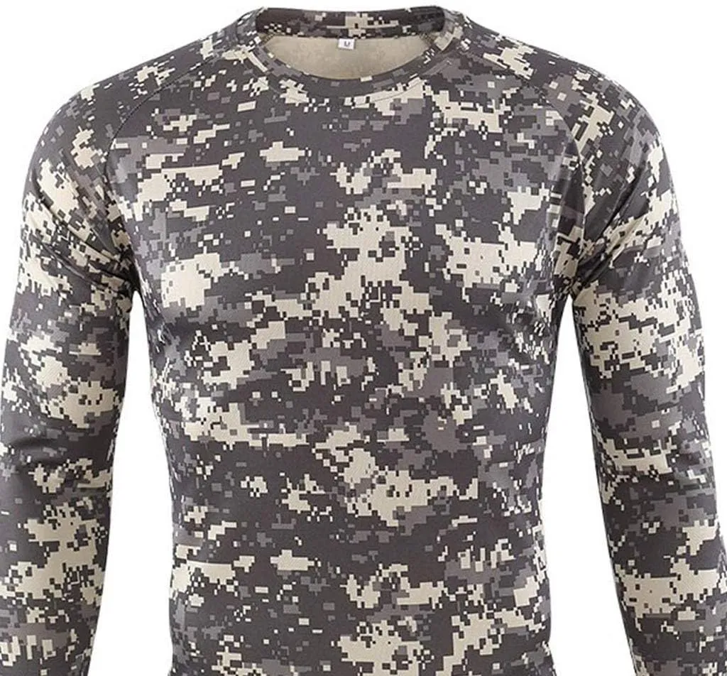 Mens Vintage Camo Shirts Casual Long Sleeve Military Camouflage Athletic Compression Shirt Hiking Fishing Tops, Black