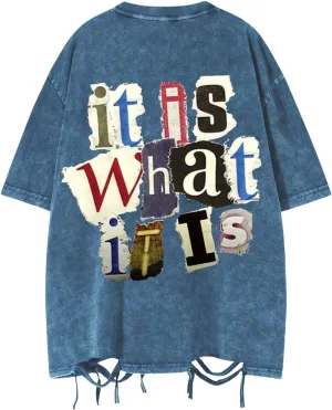 Men's Vintage Summer Tops Ripped Letter Graphic Tees Short Sleeve Crewneck Oversized T Shirts