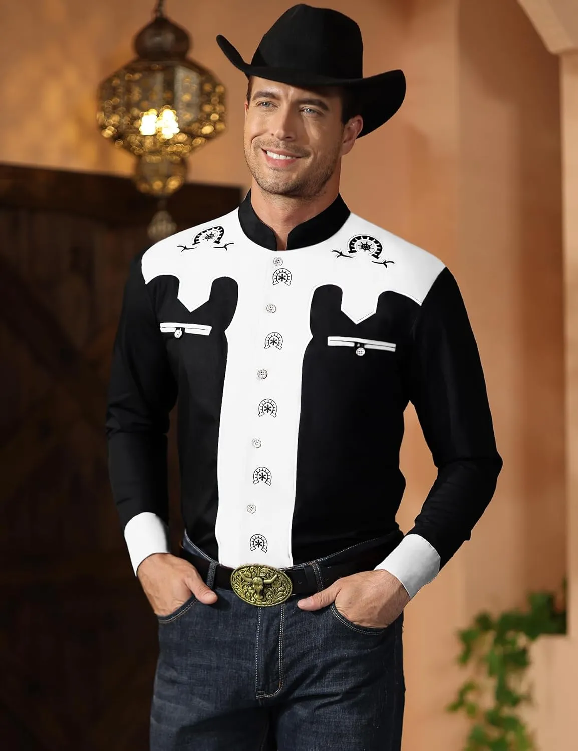 Men's Western Cowboy Shirt Banded Collar Embroidered Casual Long Sleeve Button Down Cotton Shirts
